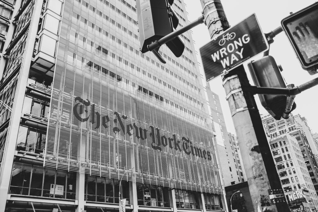 Black and white photo of the New York Times building